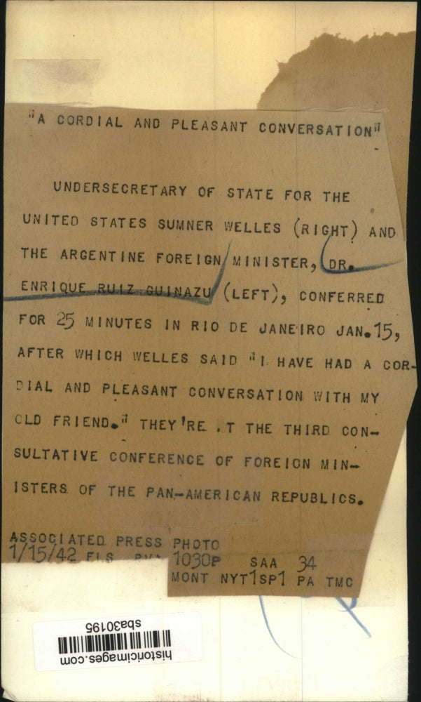 1942 Press Photo Sumner Welles & Enrique Ruiz Guinazu Confer in Rio De Janeiro