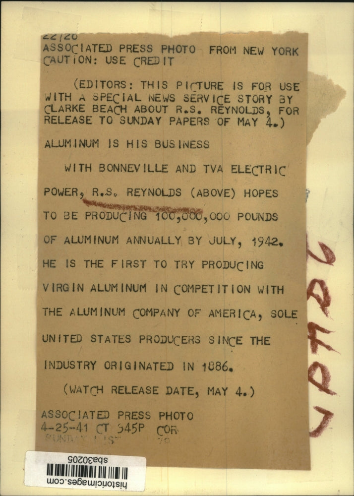 1941 Press Photo RS Reynolds President of Bonneville and TVA Electric Power