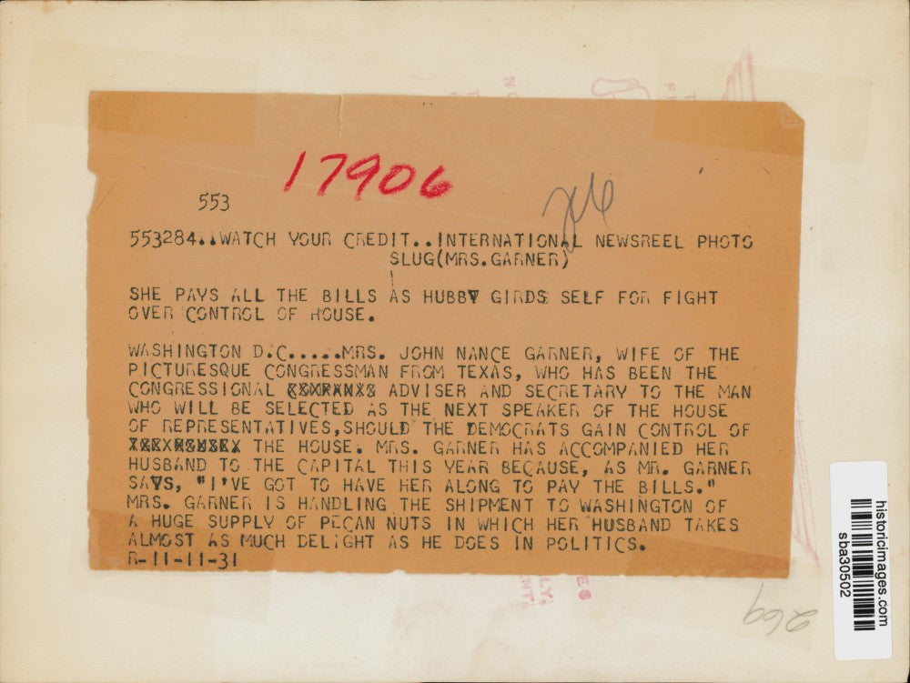 1931 Press Photo Mrs. John Nance Garner, Wife of Congressman from Texas