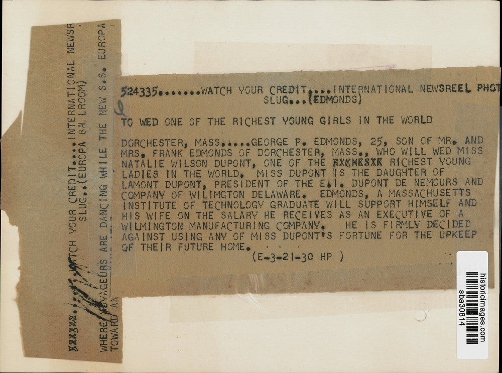 1930 Press Photo George P. Edmonds, Natalie Wilson DuPont Fiance, Massachusetts