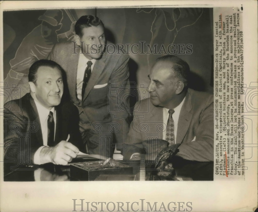 1958 Press Photo Dick Meyer,Milton Fischmann, Marty Marion of St.Louis Cardinals- Historic Images