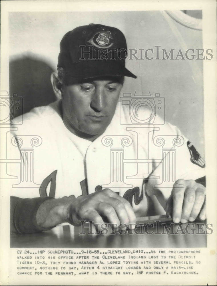 1956 Press Photo Al Lopez, Manager of the Cleveland Indian toying with pencils- Historic Images