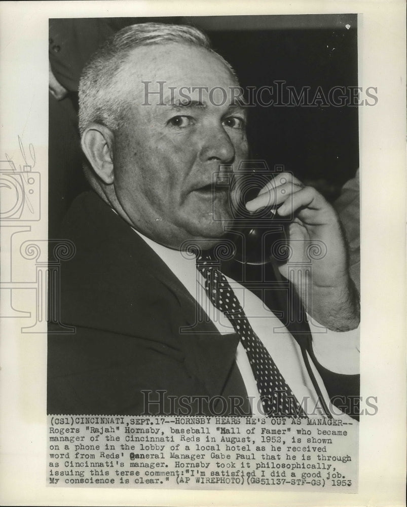 1953 Press Photo Rogers Hornsby on a phone in the lobby of a Cincinnati hotel- Historic Images