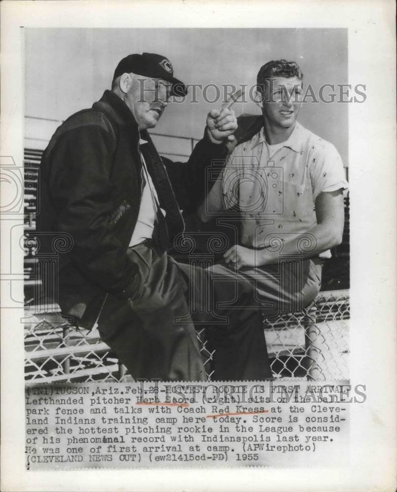 1955 Press Photo Herb Ecora Talks with Coach Red Kress at Cleveland Indians Camp- Historic Images