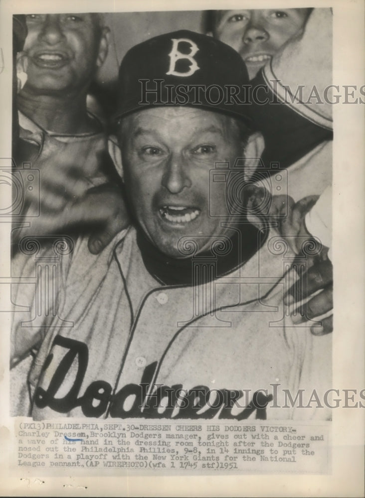 1951 Press Photo Charley Dressen gives out with a cheer and a wave of his hand- Historic Images