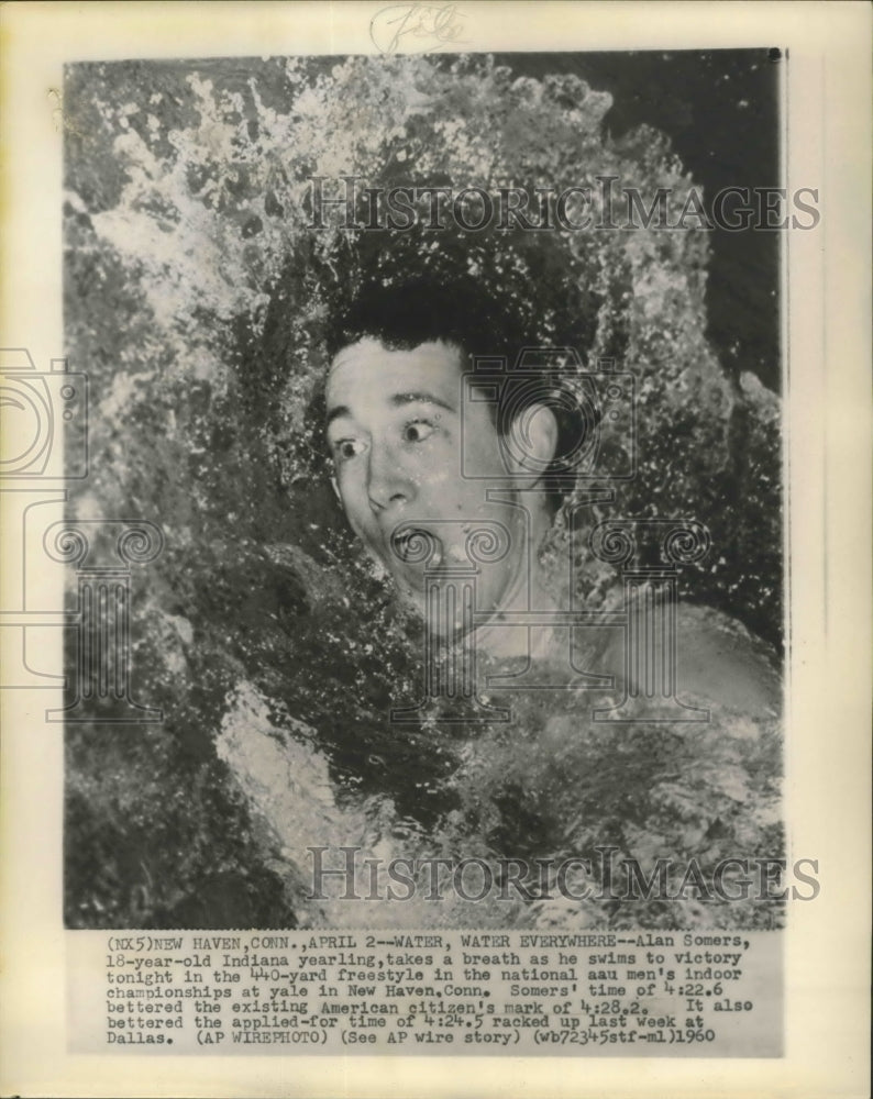 1960 Press Photo Alan Somers takes a breath as he swims to victory - sbs01556- Historic Images