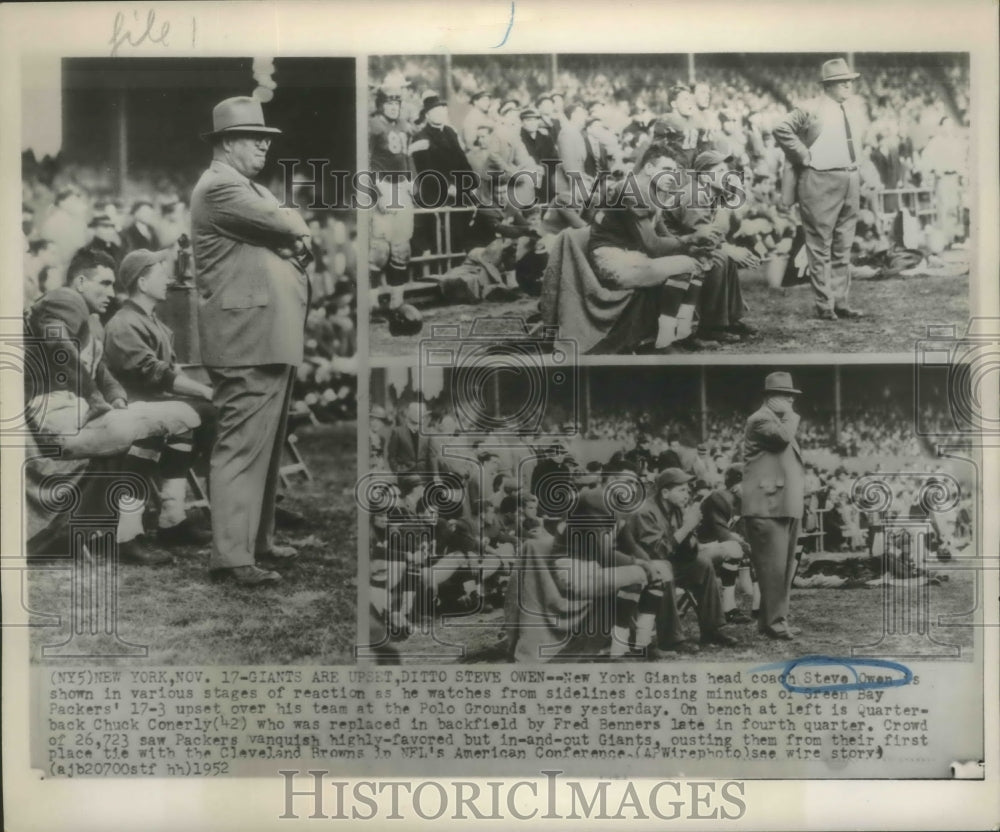 1952 Press Photo Steve Owen, New York Giants head in stages of reaction- Historic Images