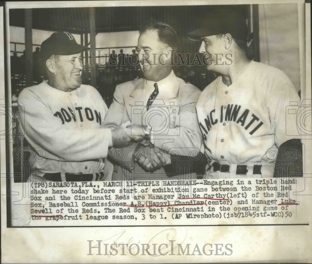 1950 Press Photo Joe McCarthy shake hands with A.B. Chandler and Luke Sewell- Historic Images