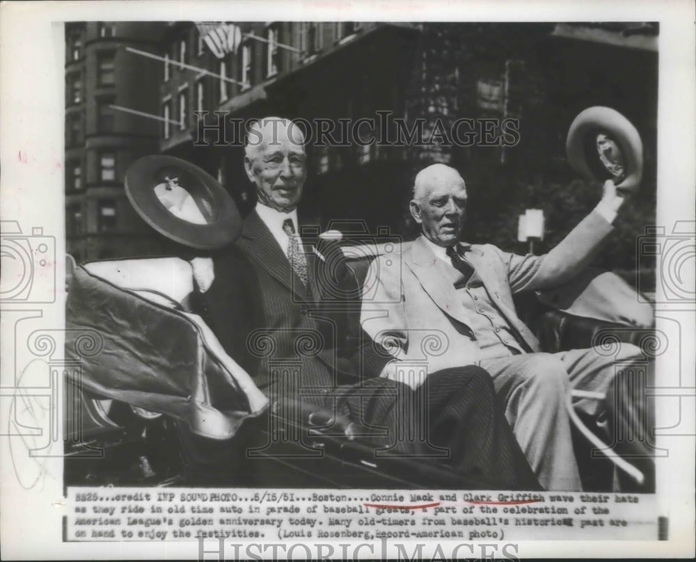 1951 Press Photo Connie Mack and Clark Griffith in parade of Baseball Greats- Historic Images