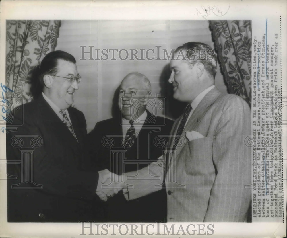 1951 Press Photo Giles, O&#39;Malley, Stonehan meet at major leagues get-together- Historic Images