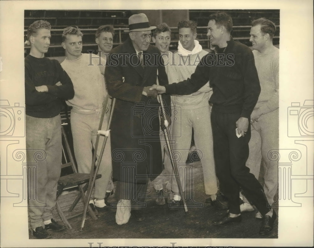 1936 Press Photo Coach Lawson Robertson Greets Track Candidates - sbs01769- Historic Images