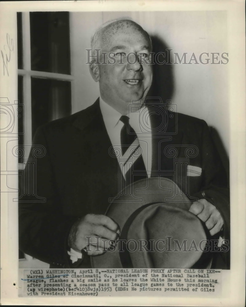 1953 Press Photo Warren Giles, of National Baseball League, leaving White House- Historic Images