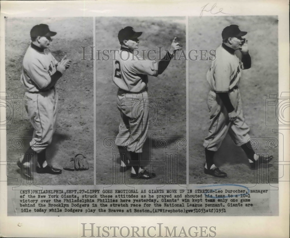 1951 Press Photo Leo Durocher, Manager New York Giants Baseball During Game- Historic Images