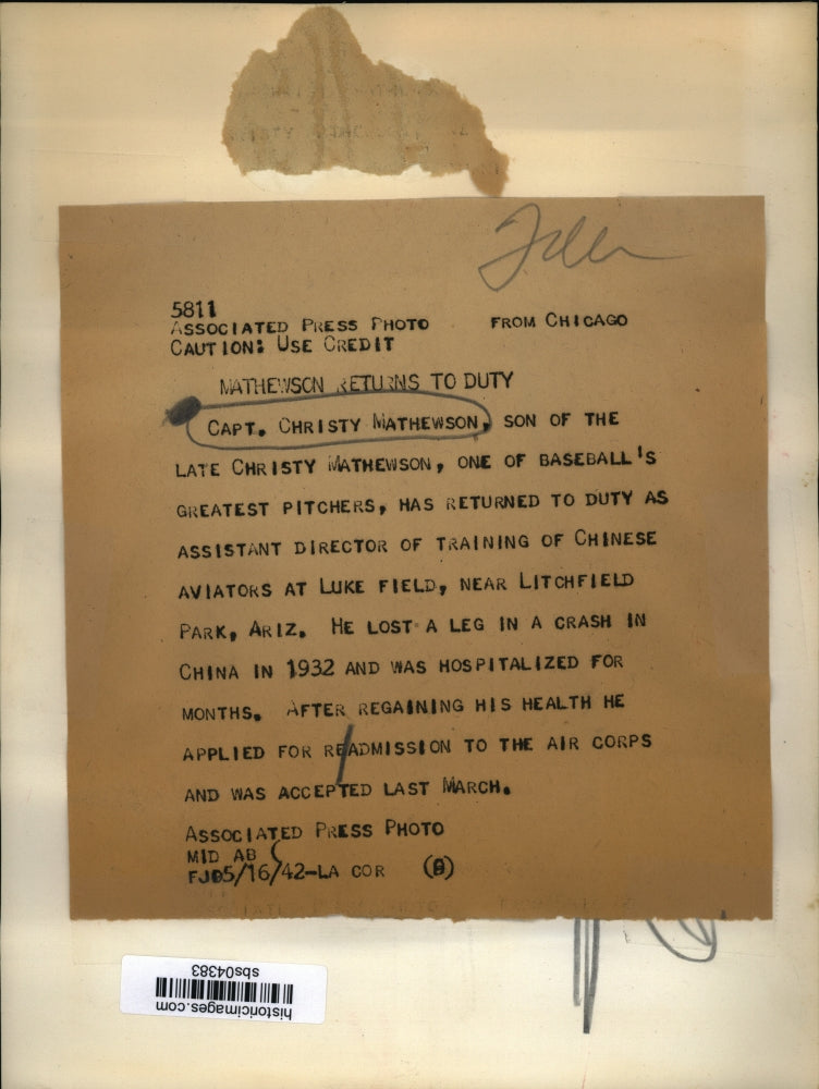 1942 Press Photo Capt Christy Mathewson son of baseball pitcher in military