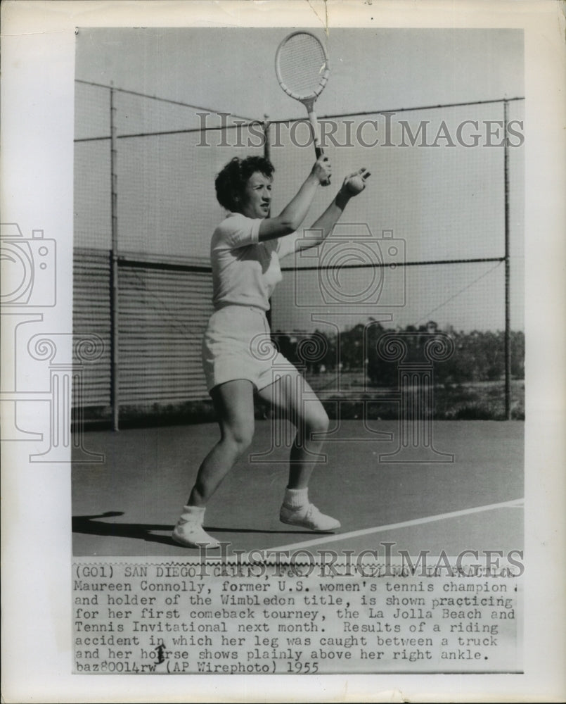 1955 Press Photo Maureen Connolly, Former US Women&#39;s Tennis Champion, Practicing- Historic Images