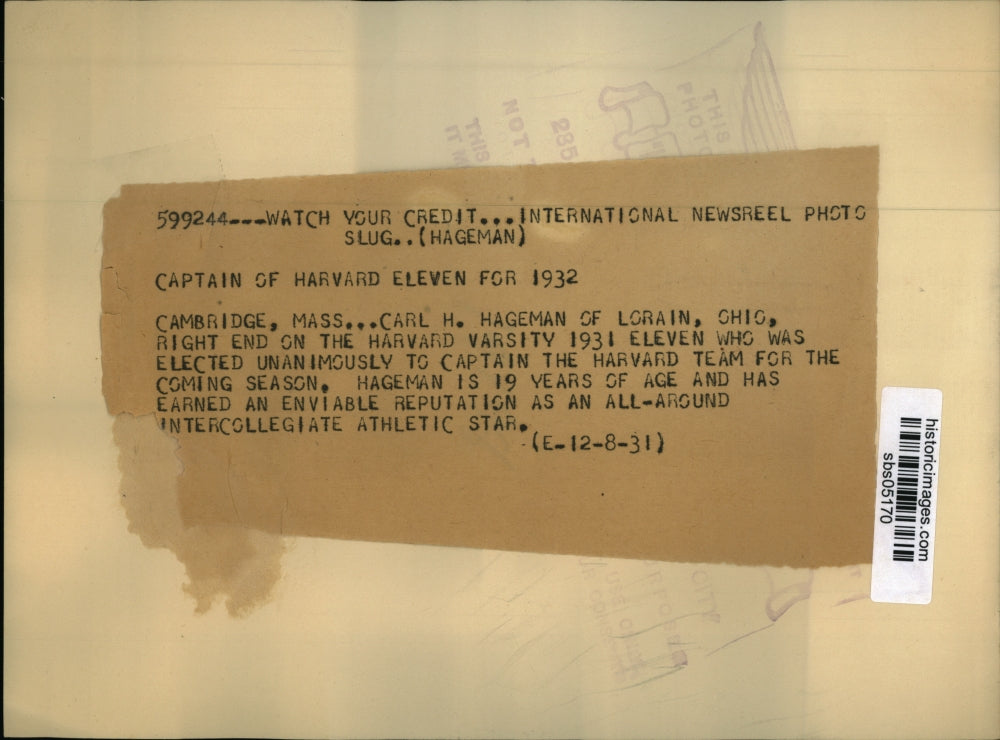 1931 Press Photo Carl H. Hageman Elected Captain of Harvard Eleven for 1932