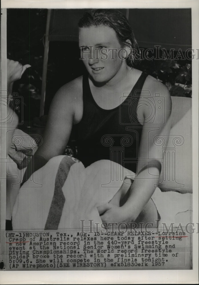 1957 Press Photo Lorraine Crapp at National Senior Women&#39;s Swimming Championship- Historic Images