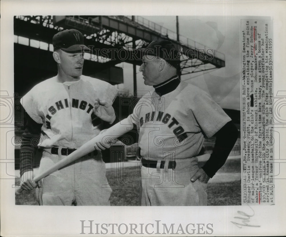 1955 Press Photo Senators manager Charlie Dressen &amp; Jerry Schoenmaker- Historic Images