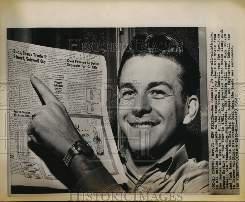 1962 Press Photo Don Schwall Traded from Red Sox to Pittsburgh Pirates- Historic Images