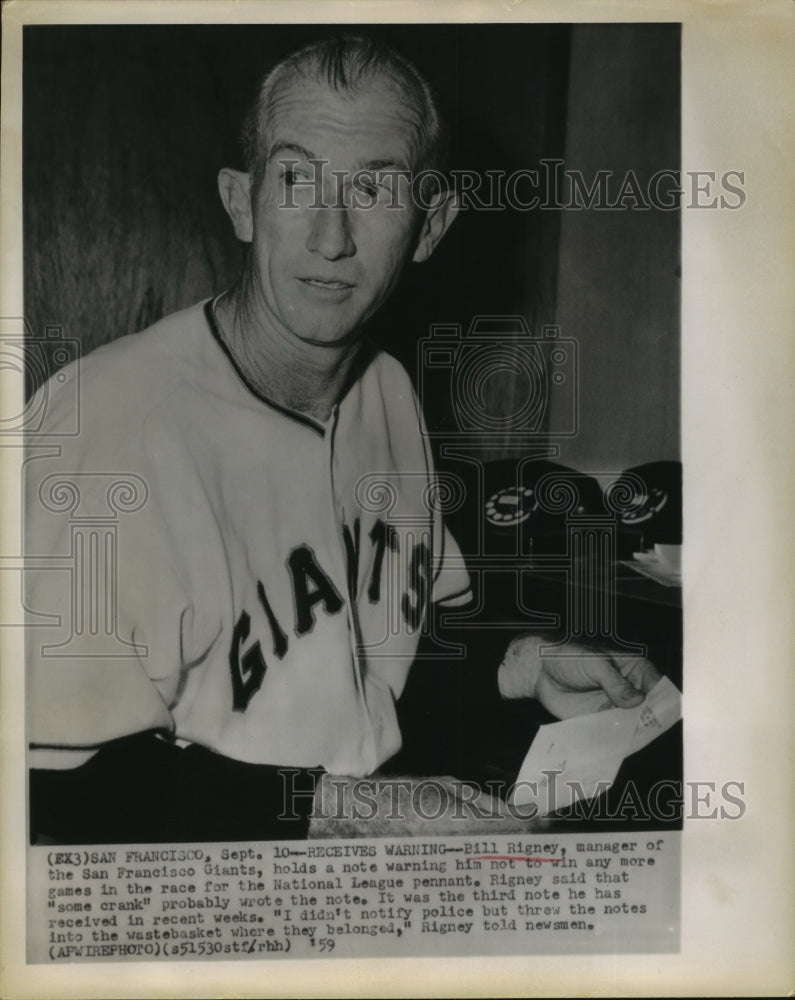 1959 Press Photo Bill Rigney Manager of San Francisco Giants - sbs05688- Historic Images