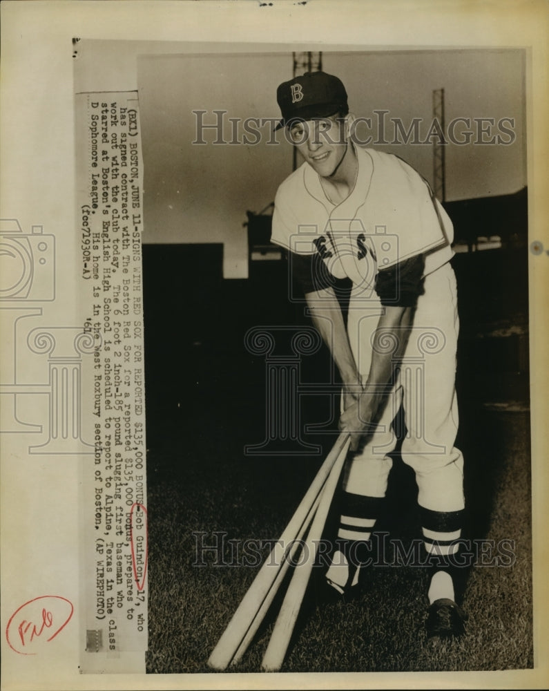 1961 Press Photo Bob Guindon Signs On to Red Sox for $135,000 Bonus - sbs05705- Historic Images