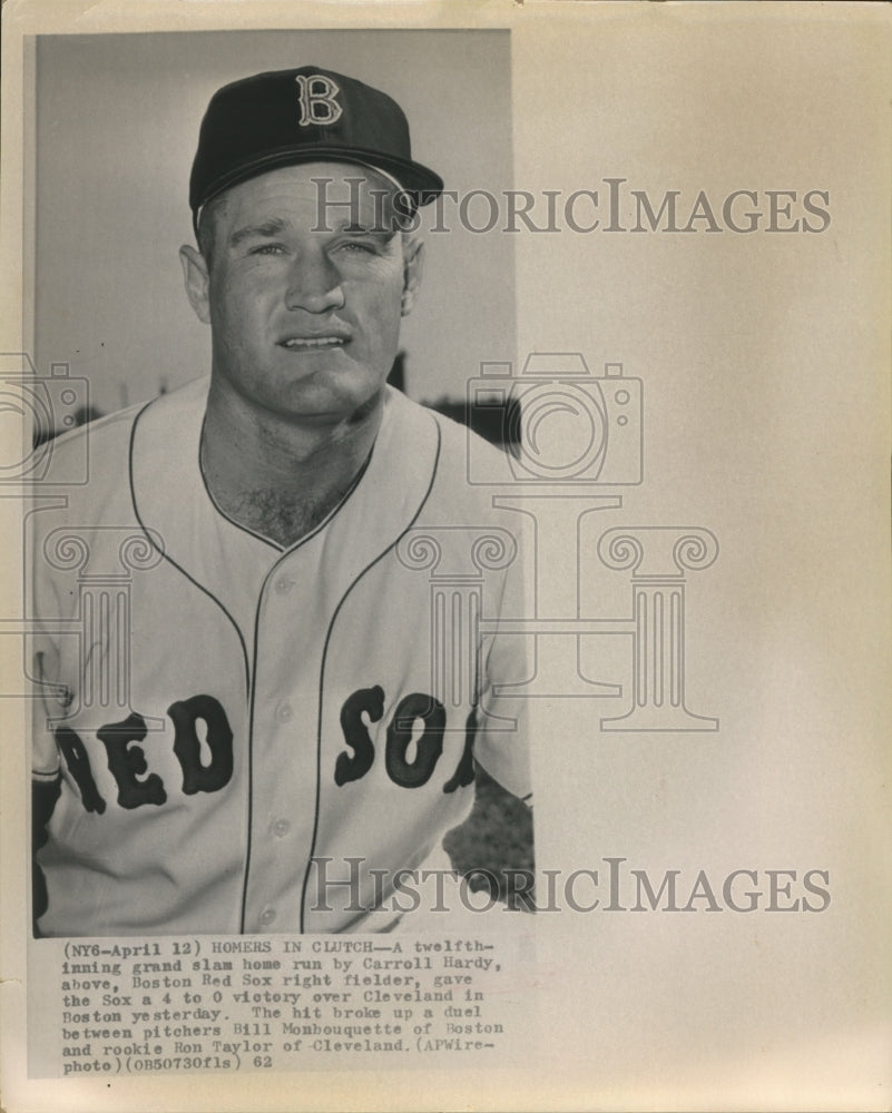 1962 Press Photo Red Sox Carroll Hardy hits grand slam vs Cleveland - sbs05995- Historic Images