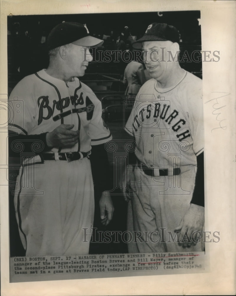 1948 Press Photo Braves mgr. Billy Southworth chats with Pirates mgr. Bill Meyer- Historic Images