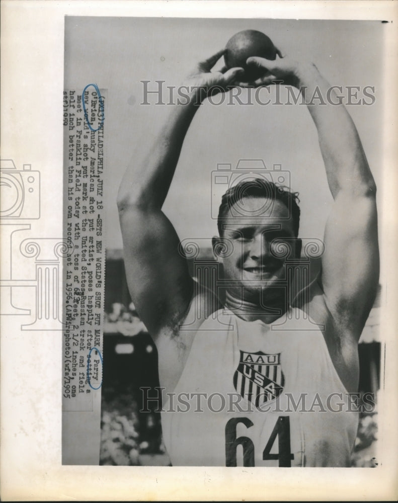 1956 Press Photo Parry O&#39;Brien sets new world Shot Put record, US vs USSR Meet- Historic Images