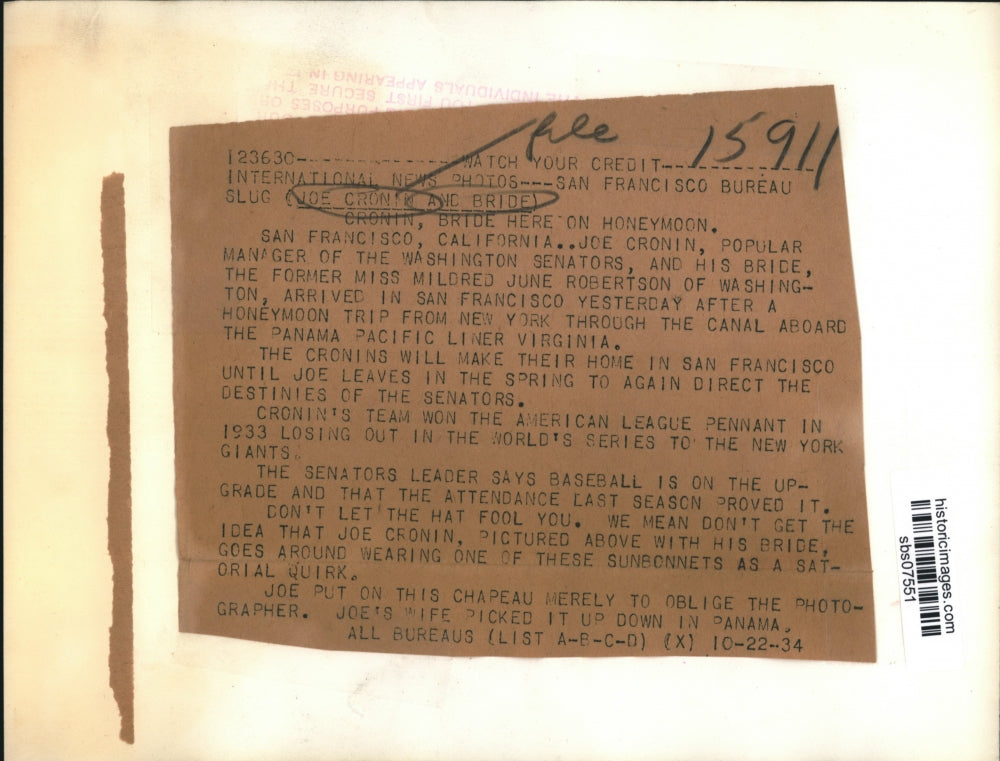 1934 Press Photo Joe Cronin, Bride on arrive in San Francisco after honeymoon