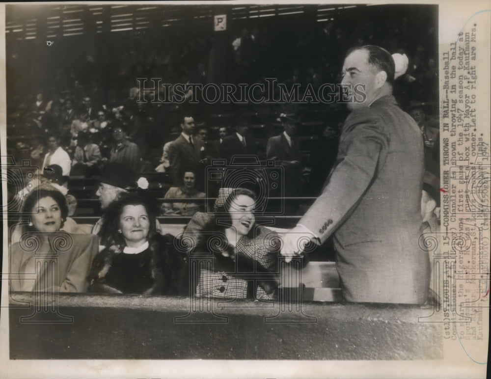 1947 Press Photo Baseball Comm. A.B. Happy Chandler, Mayor A.P.Kaufman- Historic Images