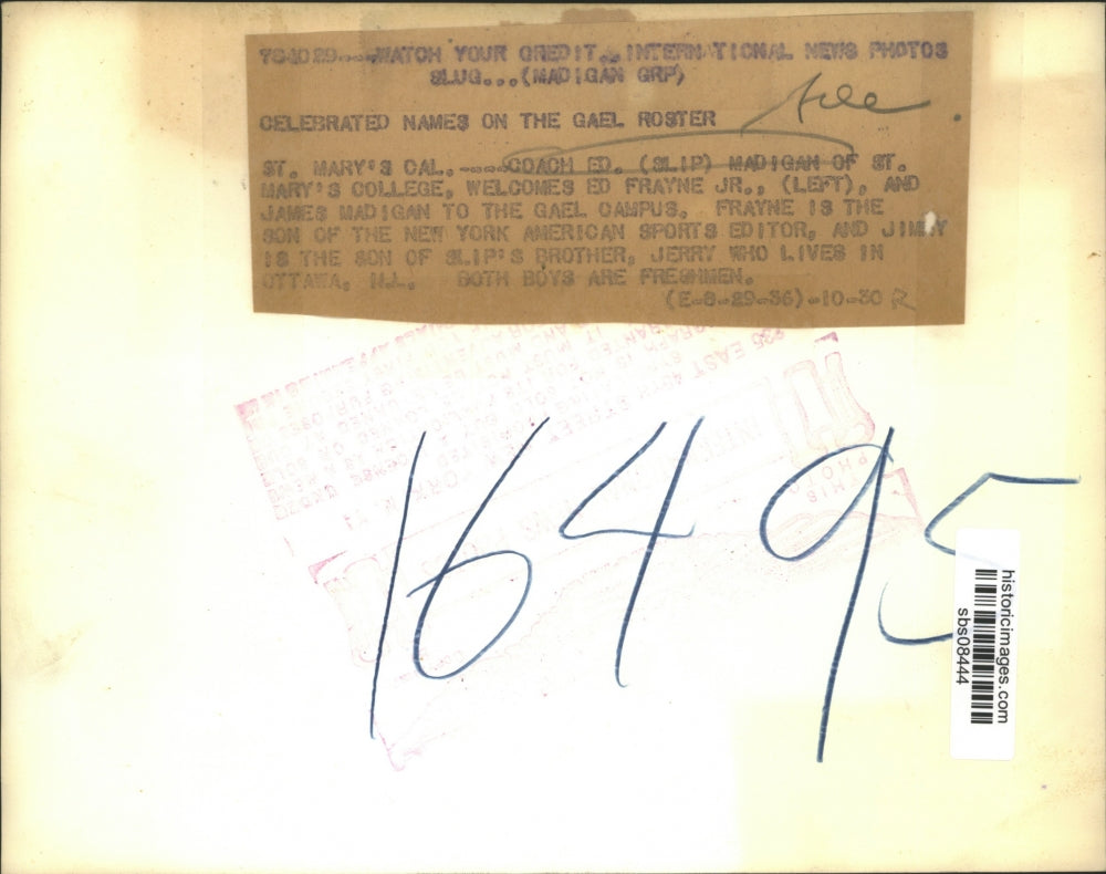 1936 Press Photo Coach Ed Madigan, Ed Frayne Jr. James Madigan at St. Mary's