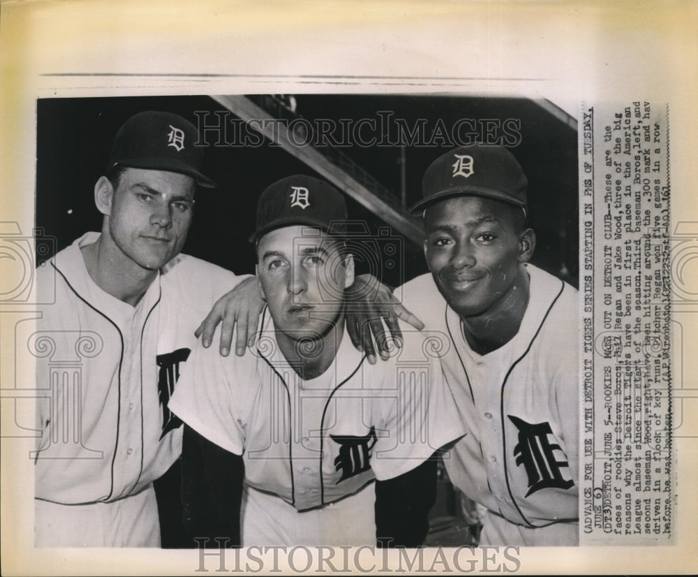 1961 Press Photo Rookies Steve Boros, Phil Regan, Jake Wood of Detroit Tigers- Historic Images