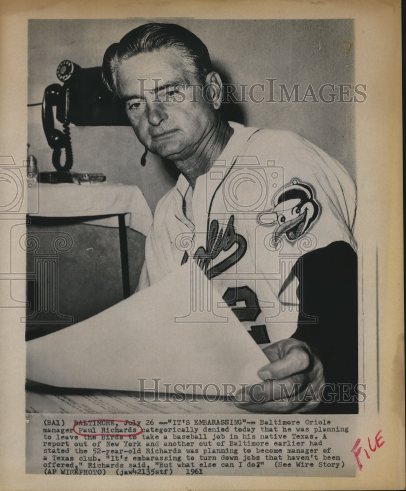 1961 Press Photo Baltimore Oriole Manager Paul Richards - sbs08725- Historic Images