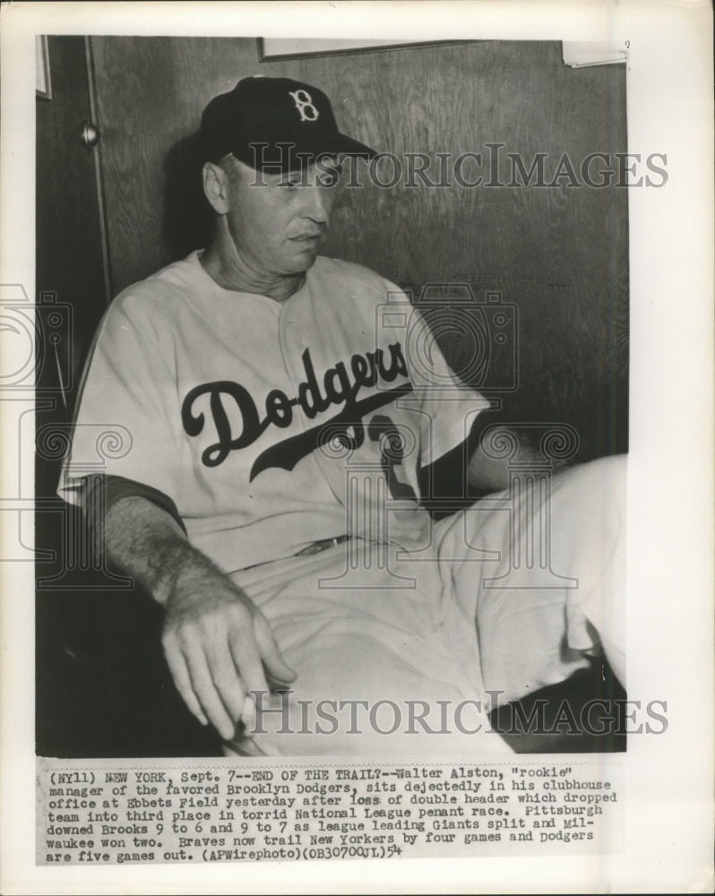 1954 Press Photo Walter Alston in his clubhouse office at Ebbets Field- Historic Images