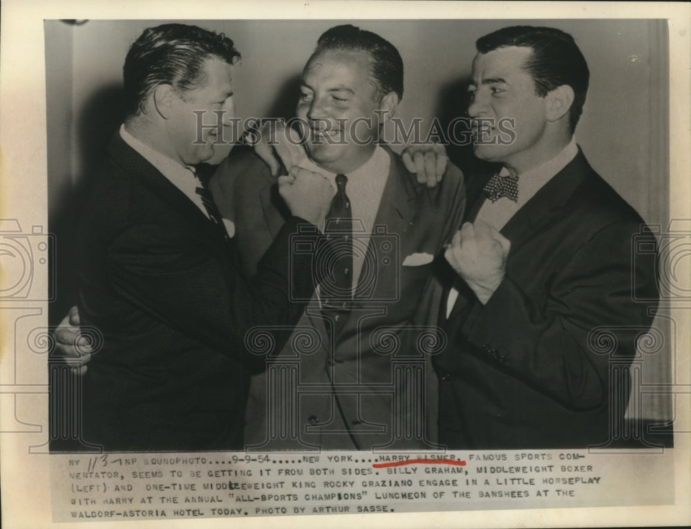 1954 Press Photo Harry Wismer , Billy Grayaham &amp; King Rocky Graziano- Historic Images