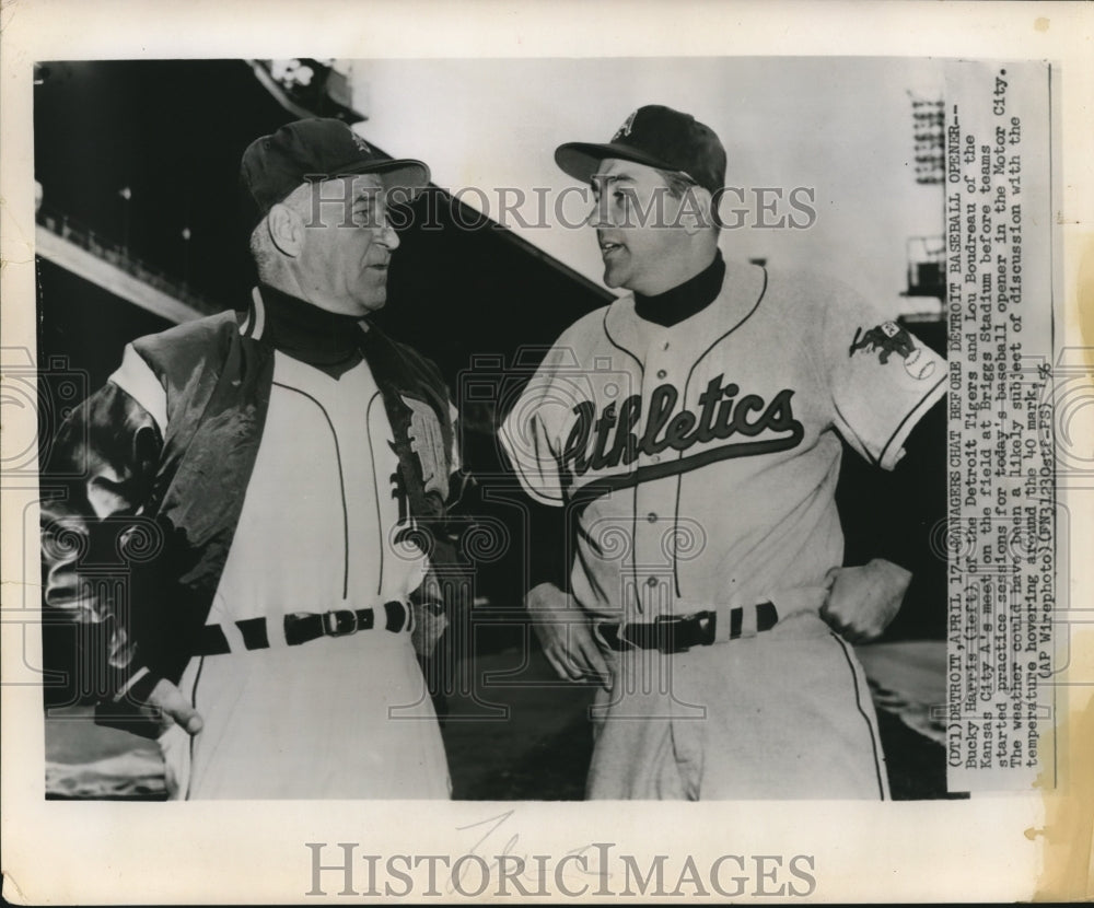 1956 Press Photo Bucky Harris Detroit Tigers & Lou Boudreau of Kansas City A's- Historic Images