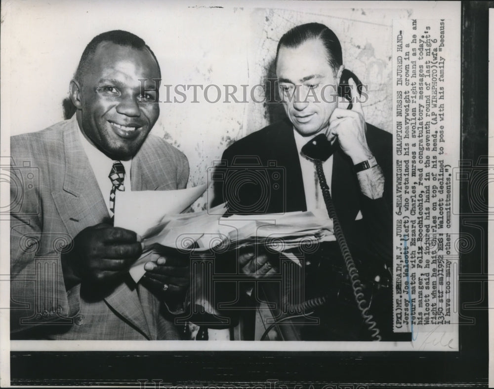 1952 Press Photo Jersey Joe Walcott Heavyweight Champ with Felix Bocchiicchio- Historic Images