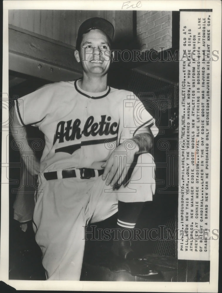 Press Photo Athletics New Manager Eddie Joost models new Uniform - sbs09816- Historic Images