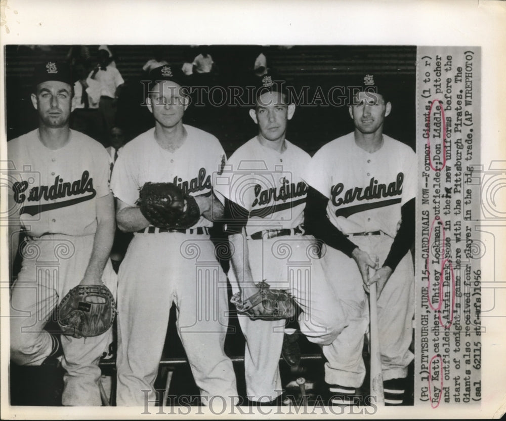 1956 Press Photo Ray Katt, Whitey Lockman, Don Liddle &amp; Alvin Dark Cardinals- Historic Images