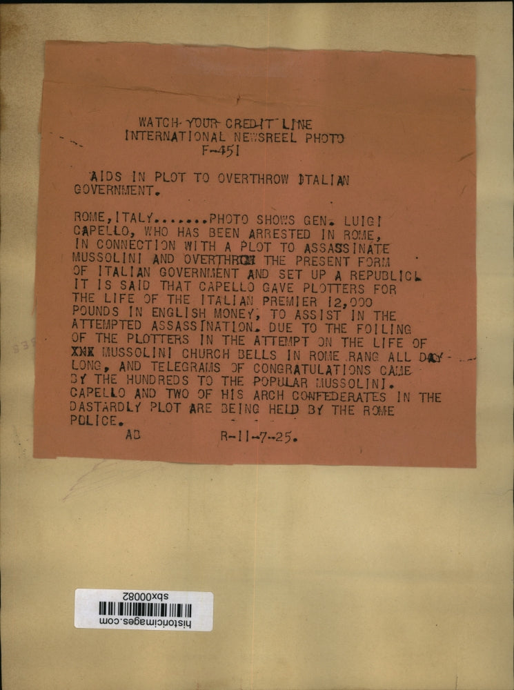 1925 Press Photo General Liuigi Capello arrested in Rome for assassination plot