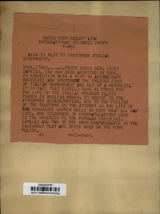 1925 Press Photo General Liuigi Capello arrested in Rome for assassination plot