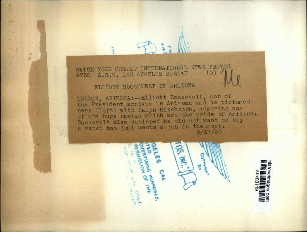 1933 Press Photo Elliott Roosevelt son of President in AZ with Ralph Hitchcock