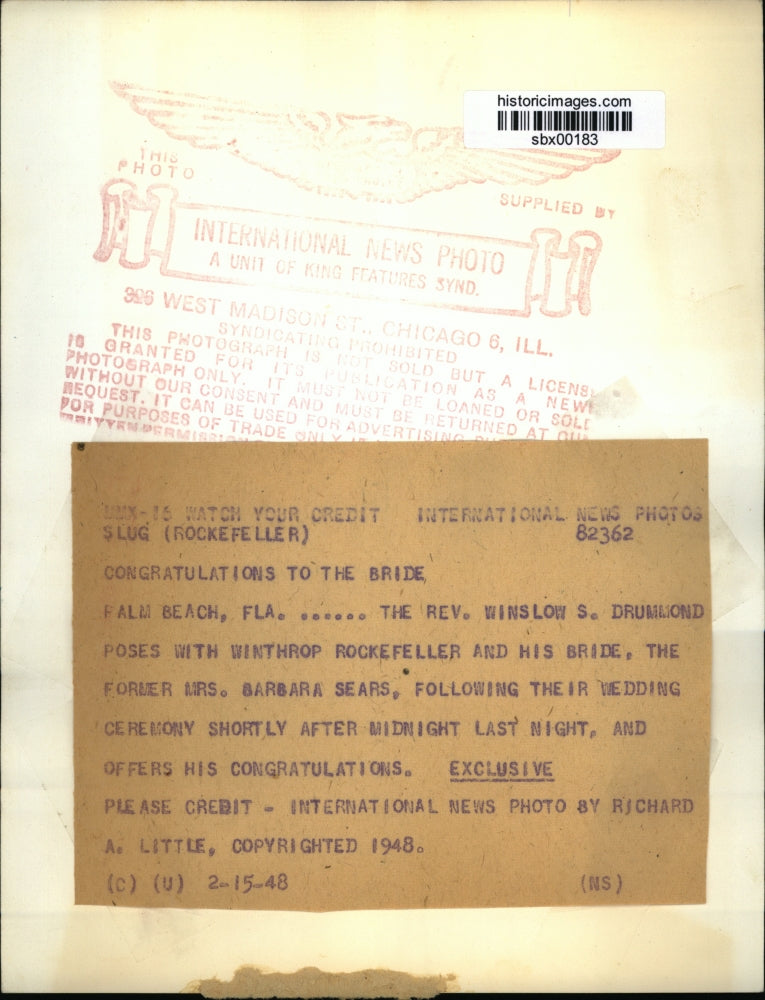 1948 Press Photo Rev Winslow Drummond weds Withtrop Rockefeller & Barb Sears
