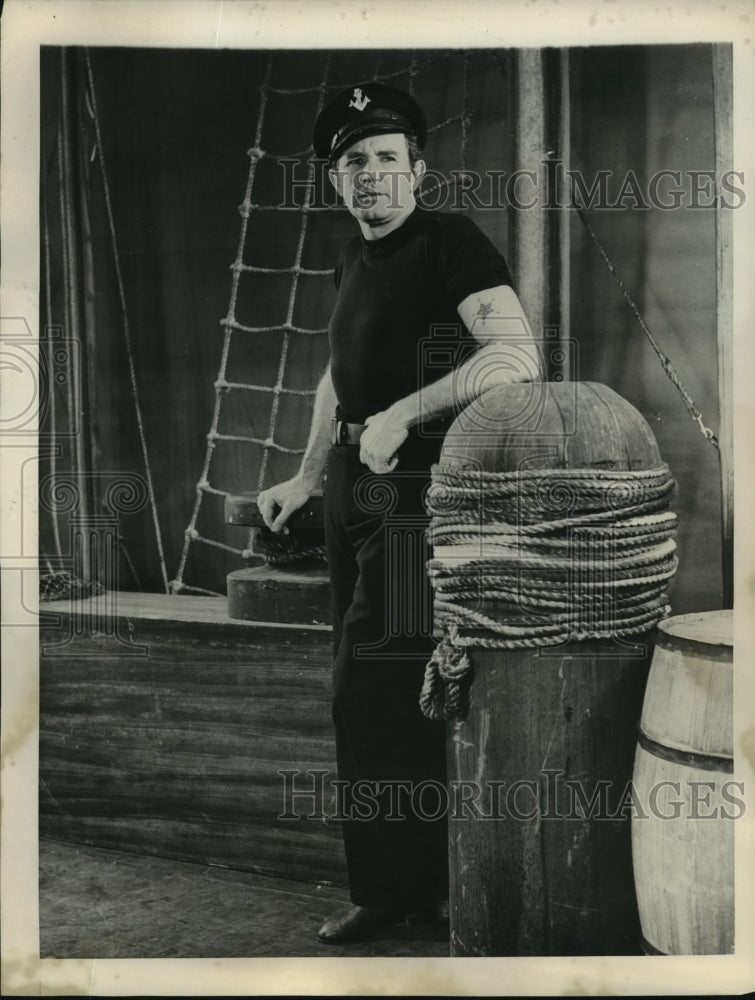 1957 Press Photo George Wallace in a sailors outfit at a dok - sbx00413