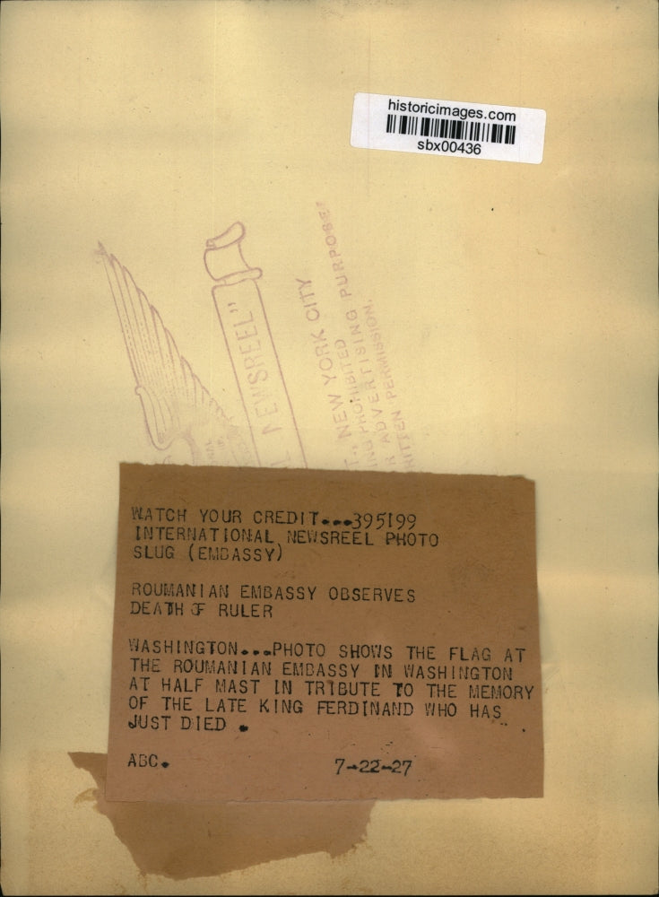 1927 Press Photo Washington DC flag at Roumanian Embassy half mast for dead King