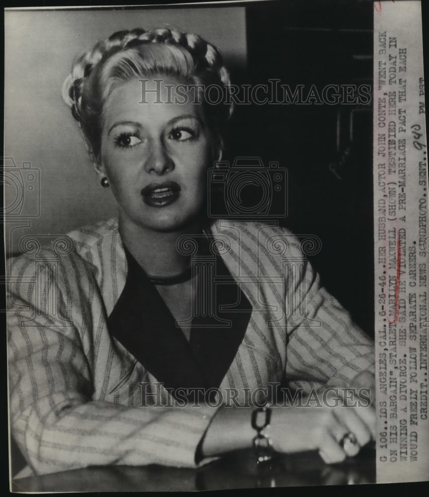 1946 Press Photo Starlet Marilyn Maxwell seeks divorce from John Conte in LA