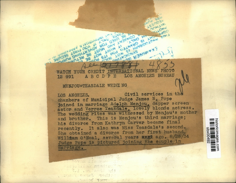 1934 Press Photo Judge Pope joins Adolph Menjou, Verree Teasdale in marriage