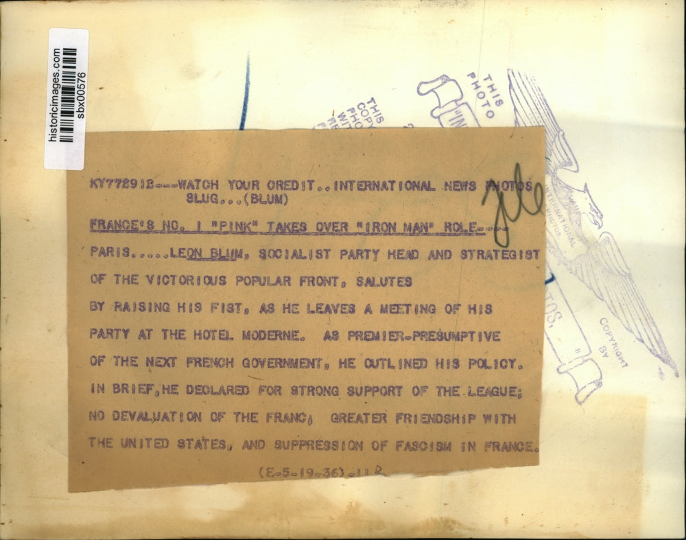 1936 Press Photo Soialist Party head Leon Blum in Paris France - sbx00576