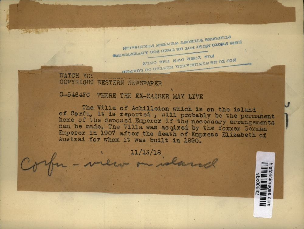 1918 Press Photo Villa of Achilleion at Corfu Greece - sbx00642