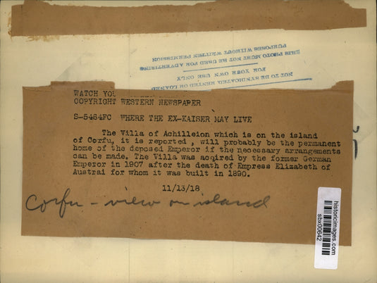 1918 Press Photo Villa of Achilleion at Corfu Greece - sbx00642